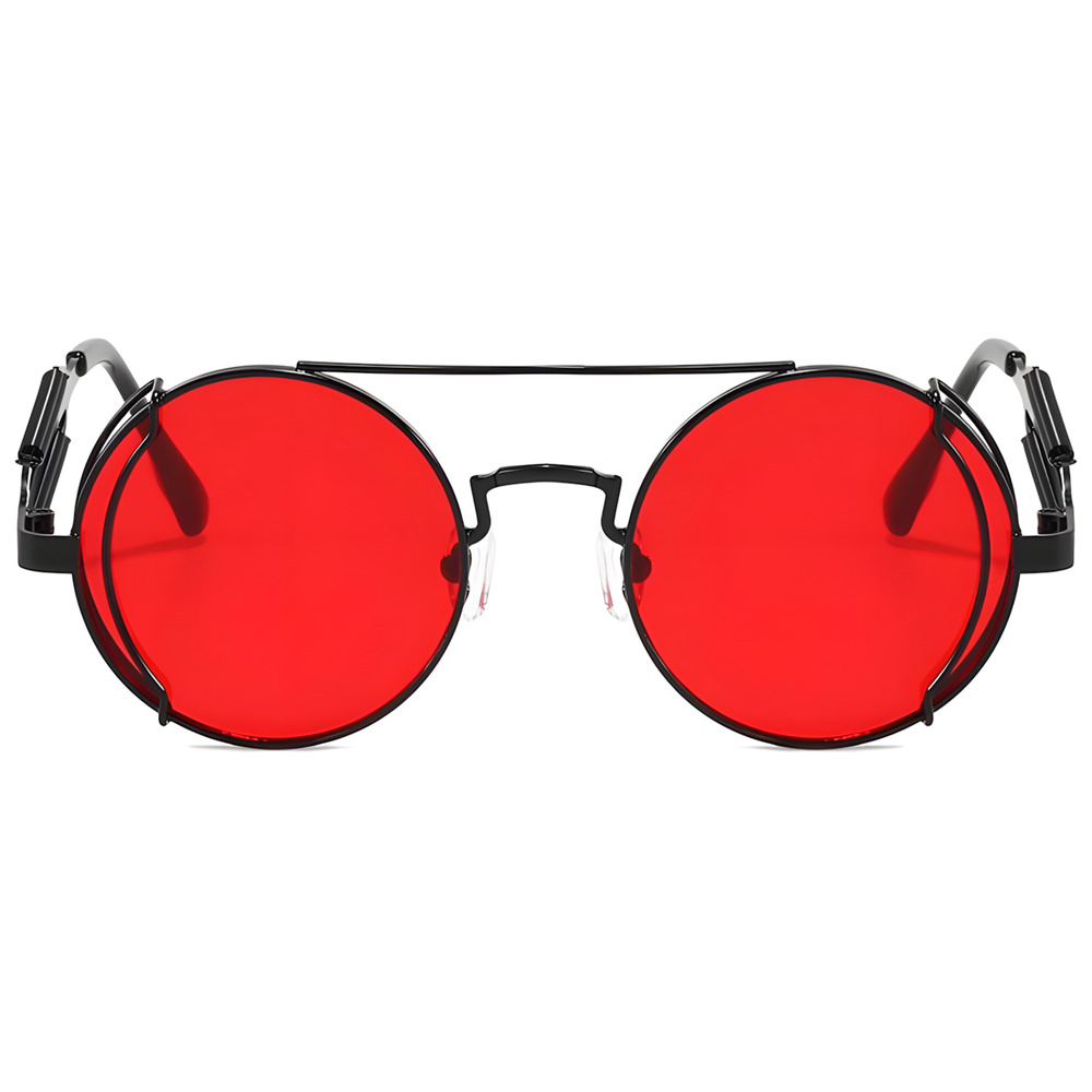 Coiled Spring Temple Bold Edge Red Lens Mens Womens Black Round Sunglasses - Picture 3 of 3